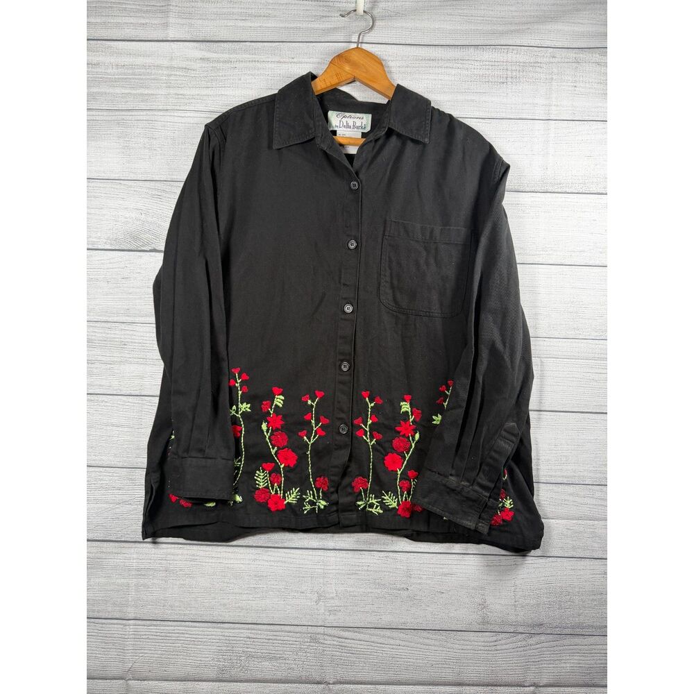 Vintage Options by Delta Burke Womens 1X Black Red Floral Embroidered Shirt 4135